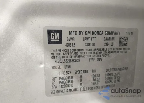 2018 Chevrolet Trax Lt z USA, uszkodzony, nr VIN KL7CJLSB2JB583233